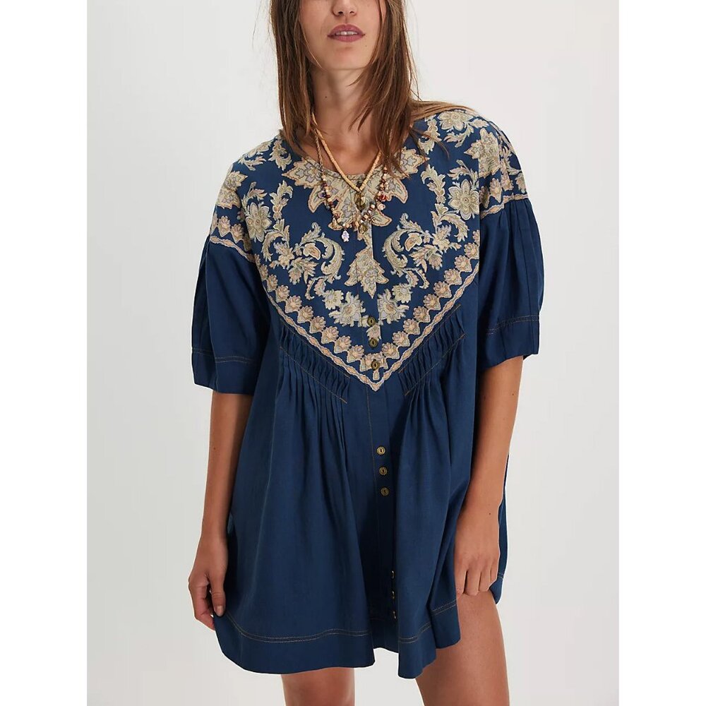 Free People Navy Blue Mini Dress with Cream Floral Embroidery